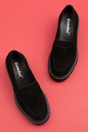 Gondol Hakiki Deri Kalın Taban Platform Topuklu Ayakkabı vtg.23802 - Siyah Süet - 41