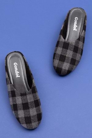 Gondol İçi Deri Ekose Desenli Ev Terliği mik.580 - Siyah - 41