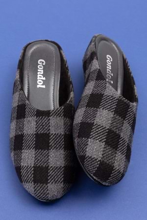 Gondol İçi Deri Ekose Desenli Ev Terliği mik.580 - Siyah - 41