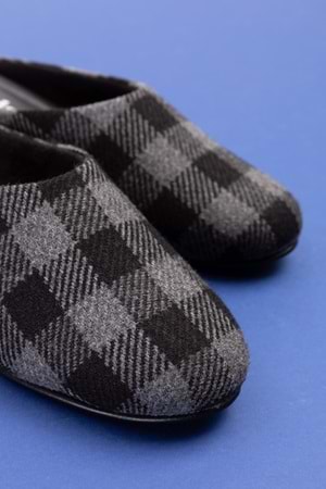 Gondol İçi Deri Ekose Desenli Ev Terliği mik.580 - Siyah - 41