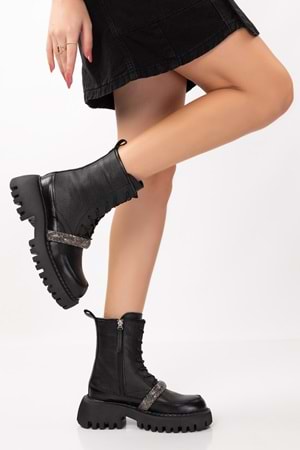 Gondol Kadın Hakiki Deri Kalın Topuklu Hafif Taş Detaylı Şık Bot rg.88222 - Siyah - 37