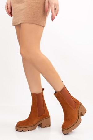 Gondol Hakiki Deri Kalın Taban Platform Topuklu Bot vtg.23801 - Taba Süet - 37