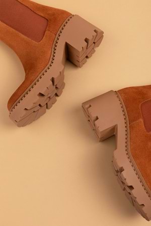 Gondol Hakiki Deri Kalın Taban Platform Topuklu Bot vtg.23801 - Taba Süet - 37