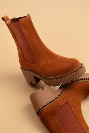 Gondol Hakiki Deri Kalın Taban Platform Topuklu Bot vtg.23801 - Taba Süet - 37