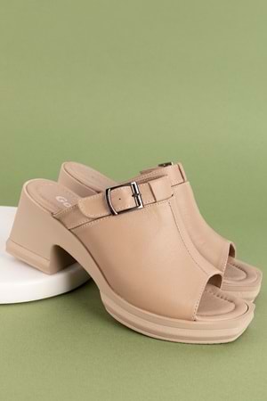 Gondol Kadın Hakiki Deri Şık Topuklu Terlik ez.5003 - Vizon - 38