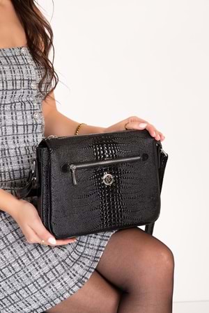 Gondol Kadın Günlük Çapraz Omuz Çantası gp.1420 - Siyah İnce Croco - TEK EBAT