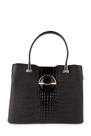 Gondol Kadın Şık Günlük El ve Omuz Çantası gp.1437 - Siyah İnce Croco