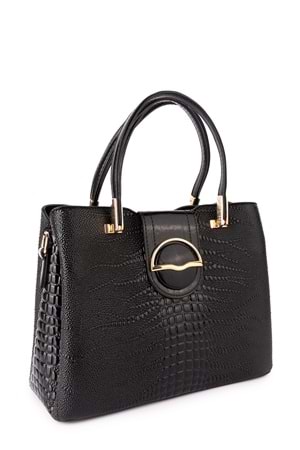 Gondol Kadın Şık Günlük El ve Omuz Çantası gp.1437 - Siyah İnce Croco