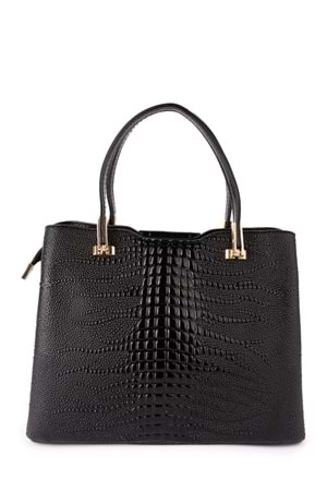 Gondol Kadın Şık Günlük El ve Omuz Çantası gp.1437 - Siyah İnce Croco