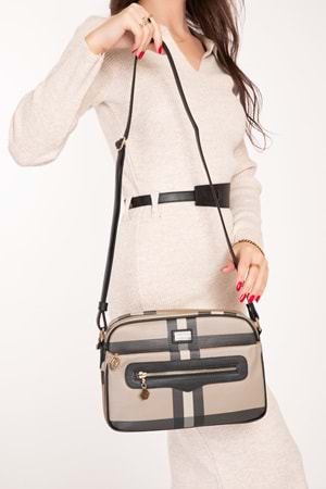 Silver Polo Kadın Çift Bölmeli Ekose Desen Çapraz Çanta sp.491 - Vizon Ekose