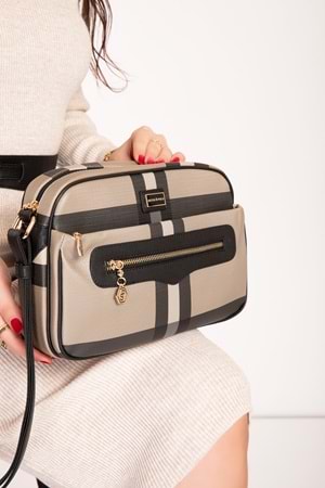 Silver Polo Kadın Çift Bölmeli Ekose Desen Çapraz Çanta sp.491 - Vizon Ekose