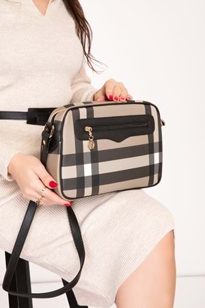 Silver Polo Kadın Çift Bölmeli Ekose Desen Çapraz Çanta sp.491 - Vizon Ekose