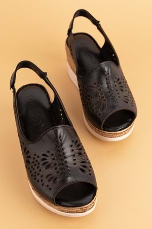 Gondol Hakiki Deri Dolgu Topuklı Yumuşak Taban Rahat Sandalet irm.77 - Siyah - 40