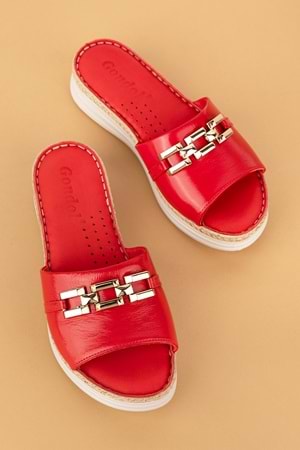 Gondol Hakiki Deri Ortopedik Taban Şık Tokalı Terlik ımk.8630 - Kırmızı Rugan - 41