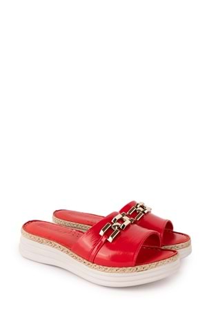 Gondol Hakiki Deri Ortopedik Taban Şık Tokalı Terlik ımk.8630 - Kırmızı Rugan - 41