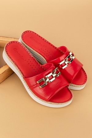 Gondol Hakiki Deri Ortopedik Taban Şık Tokalı Terlik ımk.8630 - Kırmızı Rugan - 41