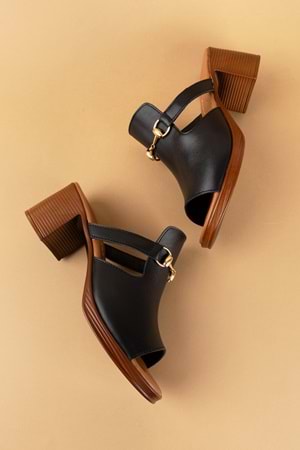 Gondol Kadın Hakiki Deri Orta Topuklu Günlük Şık Terlik iz.1308 - Siyah - 36