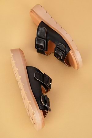 Gondol Kadın Hakiki Deri Çift Tokalı Terlik mlk.002 - Siyah - 40