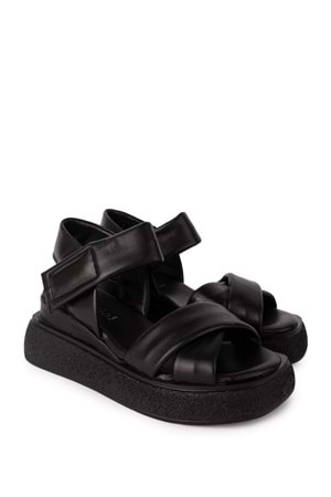 Gondol Kadın Hakiki Deri Cırtlı Sandalet elnr.481 - Siyah - 36