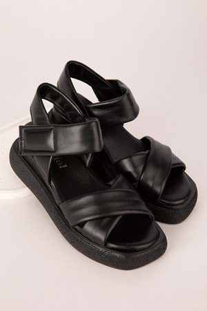 Gondol Kadın Hakiki Deri Cırtlı Sandalet elnr.481 - Siyah - 36