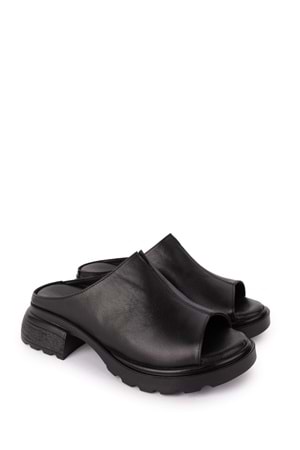 Gondol Kadın Hakiki Deri Şık Orta Topuklu Terlik elnr.1064 - Siyah - 38