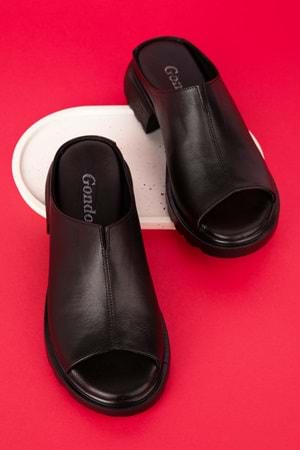 Gondol Kadın Hakiki Deri Şık Orta Topuklu Terlik elnr.1064 - Siyah - 38