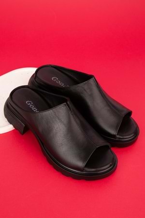 Gondol Kadın Hakiki Deri Şık Orta Topuklu Terlik elnr.1064 - Siyah - 38