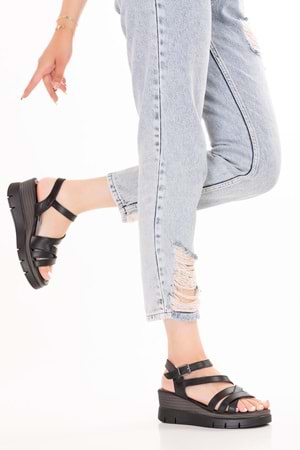 Gondol Kadın Hakiki Deri Platform Topuklu Rahat Günlük Sandalet tlh.1055 - Siyah - 40