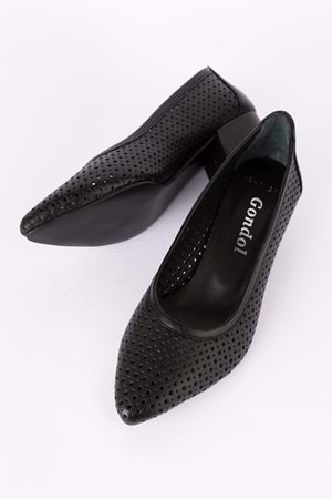 Gondol Hakiki Deri Yazlık Delikli Klasik Topuklu Ayakkabı şhn.1047 - Siyah - 41