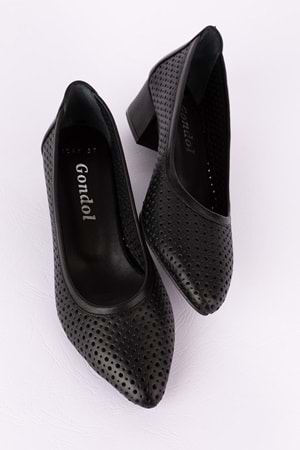 Gondol Hakiki Deri Yazlık Delikli Klasik Topuklu Ayakkabı şhn.1047 - Siyah - 41