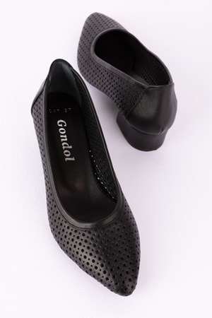 Gondol Hakiki Deri Yazlık Delikli Klasik Topuklu Ayakkabı şhn.1047 - Siyah - 41