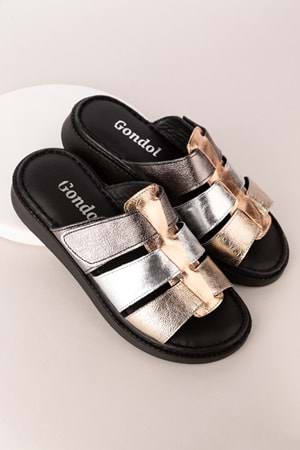 Gondol Kadın Hakiki Deri Rahat Günlük Terlik usl.2517 - Metalik Kombin - 36