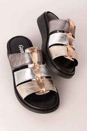 Gondol Kadın Hakiki Deri Rahat Günlük Terlik usl.2517 - Metalik Kombin - 36