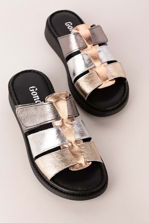 Gondol Kadın Hakiki Deri Rahat Günlük Terlik usl.2517 - Metalik Kombin - 36