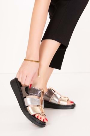 Gondol Kadın Hakiki Deri Rahat Günlük Terlik usl.2517 - Metalik Kombin - 36