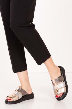 Gondol Kadın Hakiki Deri Rahat Günlük Terlik usl.2517 - Metalik Kombin - 39