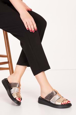 Gondol Kadın Hakiki Deri Rahat Günlük Terlik usl.2517 - Metalik Kombin - 39