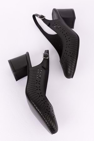 Gondol Hakiki Deri Lazer Kesim Şık Topuklu Ayakkabı şhn.1048 - Siyah - 34