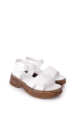 Gondol Kadın Hakiki Deri Günlük Rahat Cırtlı Sandalet iz.8403 - Beyaz - 41