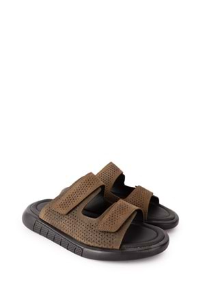 Gondol Erkek Hakiki Deri Cırtlı Ayarlanabilir Rahat Terlik esm.6016 - Haki - 44