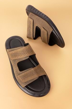 Gondol Erkek Hakiki Deri Cırtlı Ayarlanabilir Rahat Terlik esm.6016 - Haki - 44