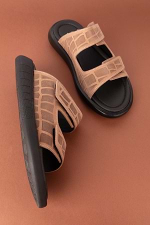 Gondol Erkek Hakiki Deri Cırtlı Ayarlanabilir Rahat Terlik esm.6016 - Kum - 41