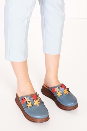 Gondol Hakiki Deri Çiçek Detaylı Sabo Terlik mlk.3232 - Mavi - 40
