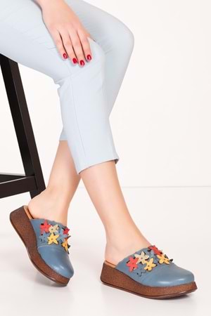 Gondol Hakiki Deri Çiçek Detaylı Sabo Terlik mlk.3232 - Mavi - 40