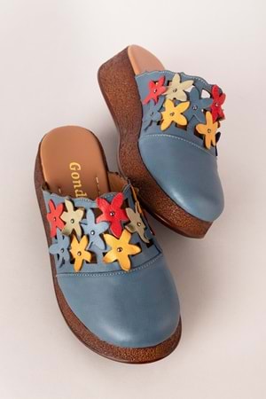 Gondol Hakiki Deri Çiçek Detaylı Sabo Terlik mlk.3232 - Mavi - 41