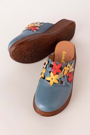 Gondol Hakiki Deri Çiçek Detaylı Sabo Terlik mlk.3232 - Mavi - 41