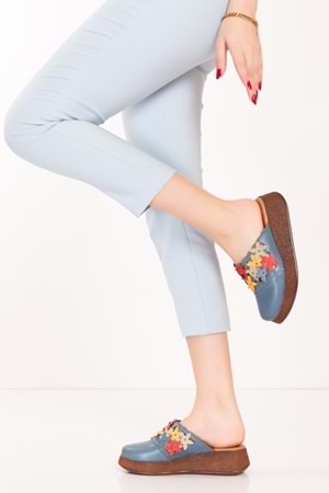 Gondol Hakiki Deri Çiçek Detaylı Sabo Terlik mlk.3232 - Mavi - 41