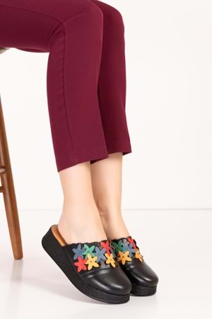 Gondol Hakiki Deri Çiçek Detaylı Sabo Terlik mlk.3232 - Siyah - 36