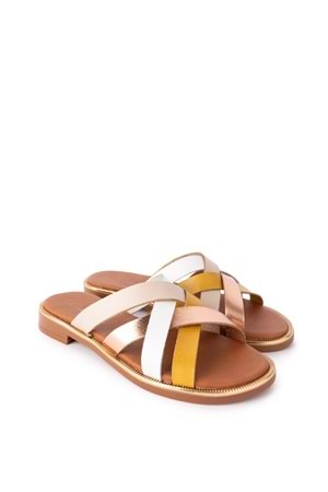 Gondol Kadın Hakiki Deri Renkli Kombin Vaketa Terlik ayh.734 - Bej Kombin - 41