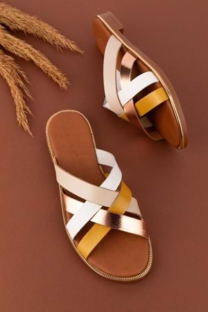 Gondol Kadın Hakiki Deri Renkli Kombin Vaketa Terlik ayh.734 - Bej Kombin - 41